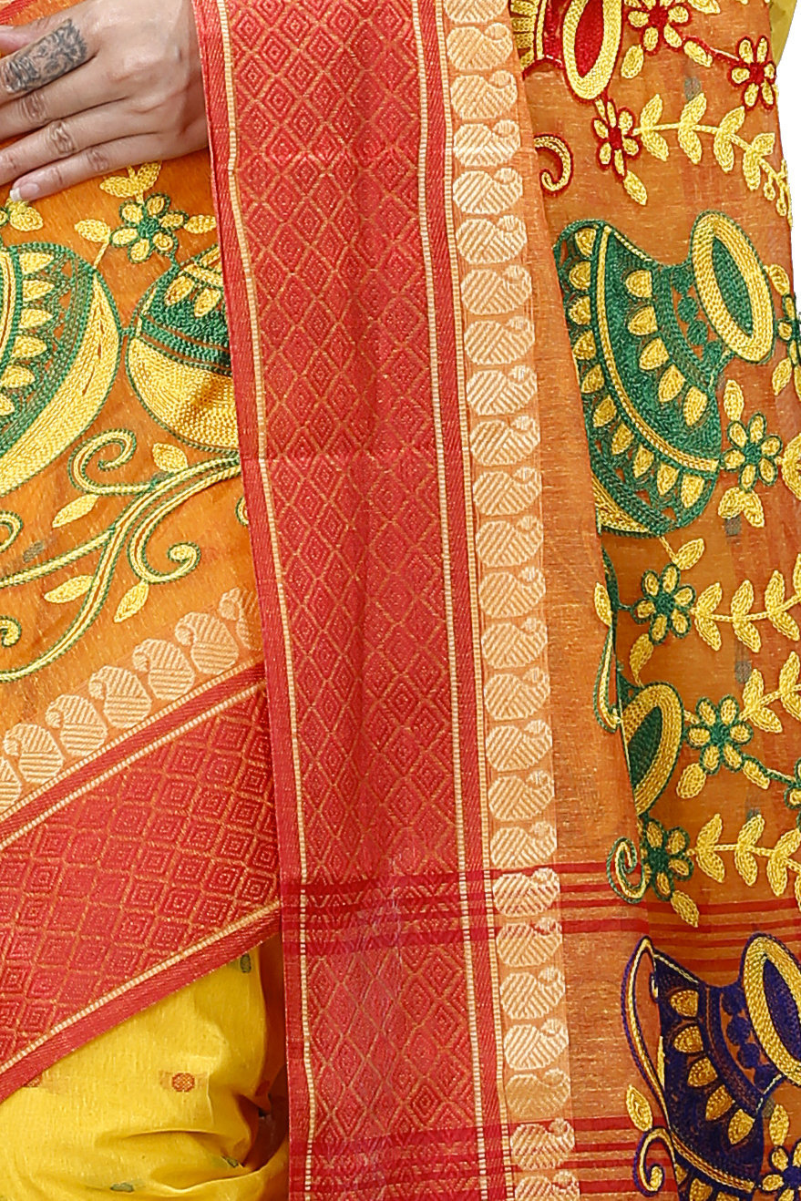 Yellow Red Pure Cotton Embi_Ganga_Buti Tant Embroidery (1001)